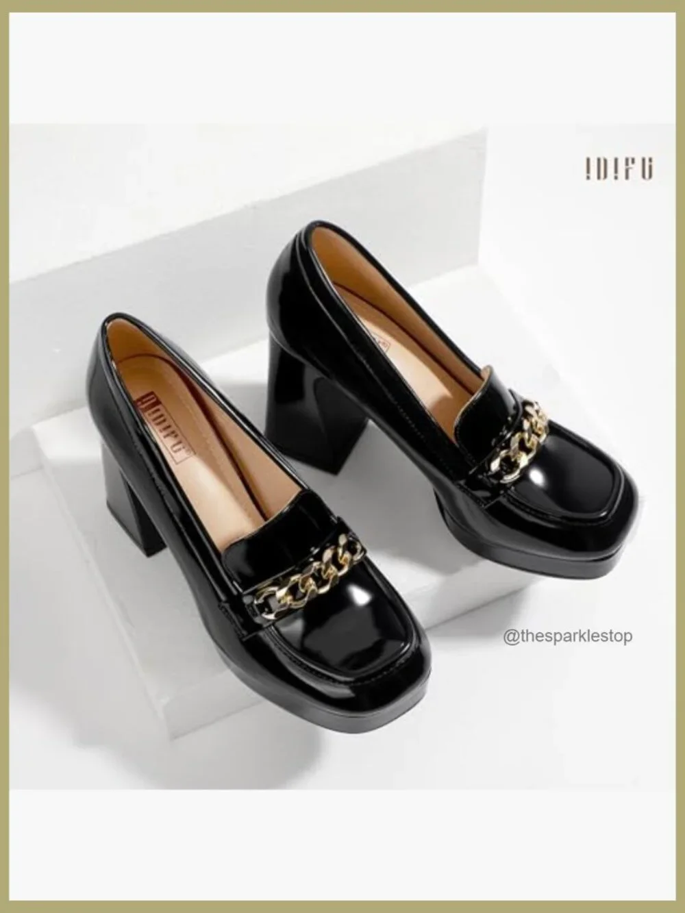 Platform Chunky Block Heeled Loafers with Metal Chain for Prom Graduation - Picture 6 of 6